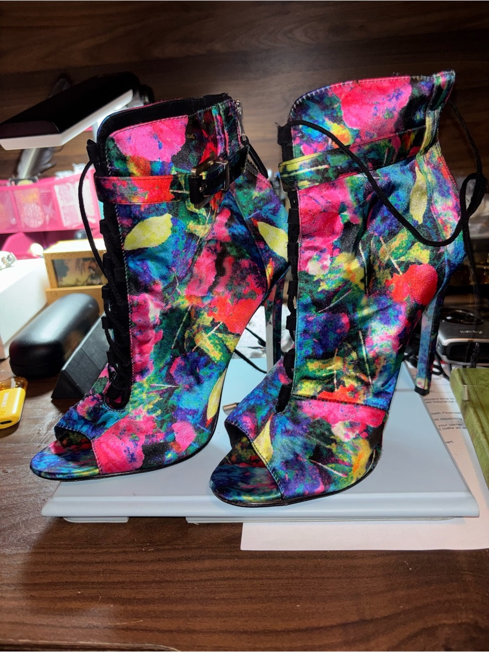 Brian Atwood Lindford Floral-Print Satin Bootie Size 8